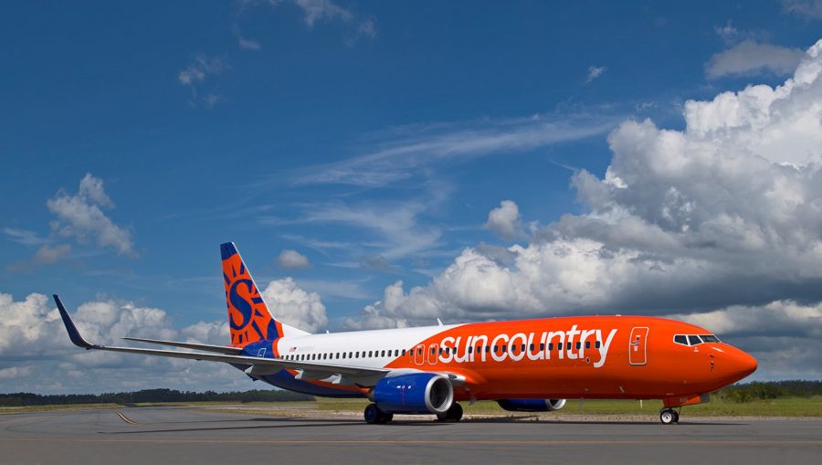 A Sun Country Boeing 737-800 at the paint shop in North Carolina.