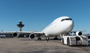 A South African Airways A340 pushing back at Washington Dulles