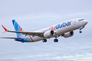 A flydubai 737 MAX 8 performing a test flight at Paine Field