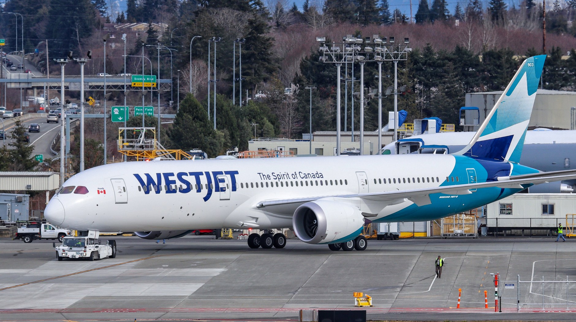 A WestJet 787-9 prepares for a test flight at Paine Field