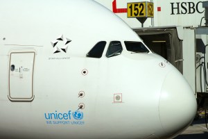 An Airbus A380 at the gate in Los Angeles.
