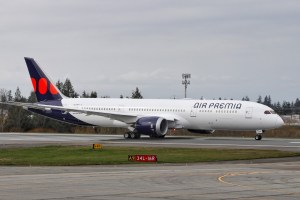 An Air Premia takes off for its delivery flight from Everett, Wash. to Seoul's Incheon International Airport.