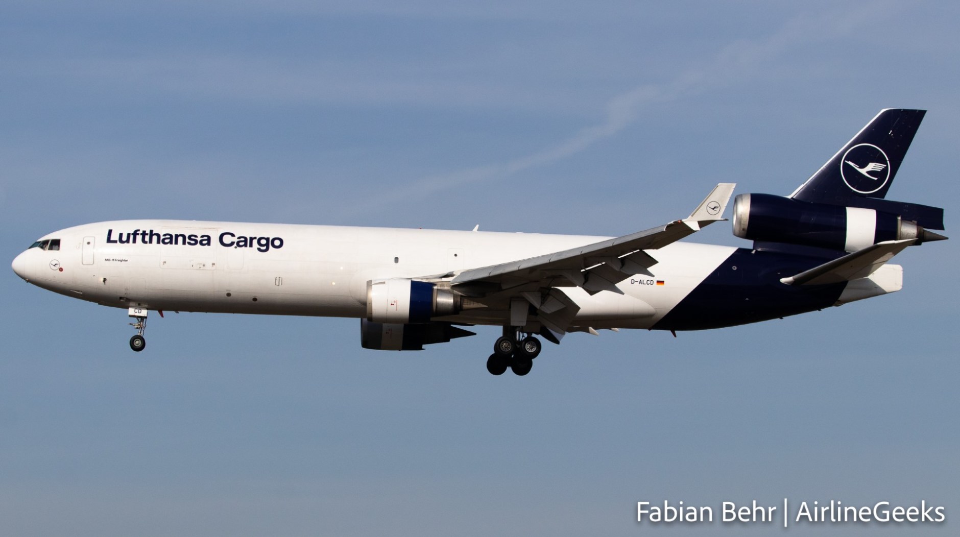 A Lufthansa Cargo MD-11 Freighter lands in Frankfurt.