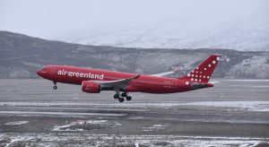 Air Greenland's sole Airbus A300-800neo seconds before touching down in Kangerlussuaq