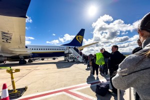 Ryanair passengers loading on aircraft