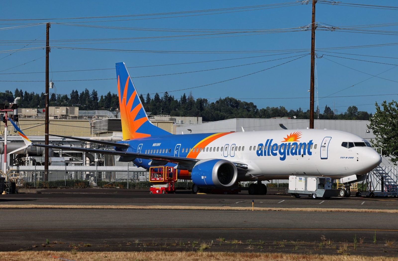 An Allegiant 737 MAX at Boeing Field.