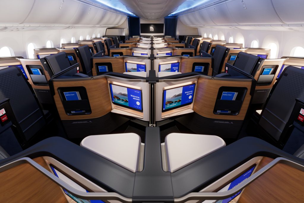 A United Elevated interior in a Boeing 787-9 Dreamliner.