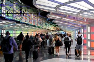 An underground pedestrian walkway at Chicago O'Hare.