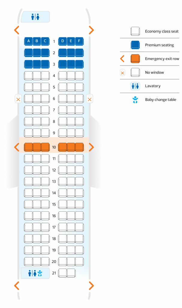 A seat map from the airline's website showing which seats have, and do not have, windows.