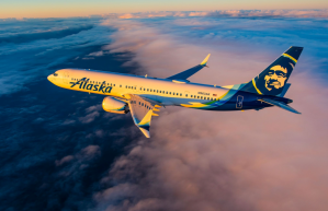An Alaska Airlines aircraft in flight.