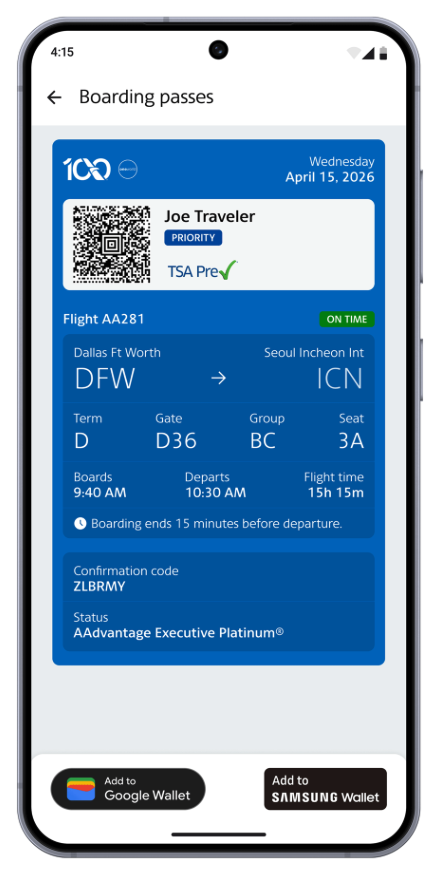 Boarding passes now available within Samsung Wallet.