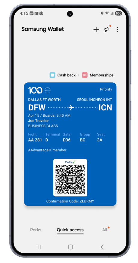 Boarding passes now available within Samsung Wallet.