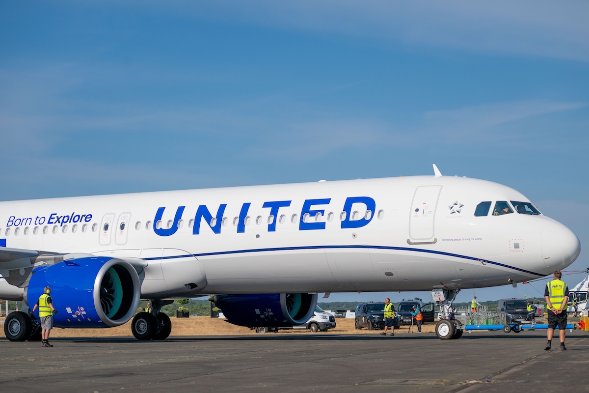 A United A321XLR on display at the Farnborough Airshow